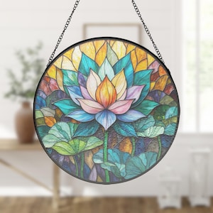 Teal Lotus Stained Glass Suncatcher, Circular Glass Window Decor for Sunroom Home Accent, lotus home accent, glass flower hanging