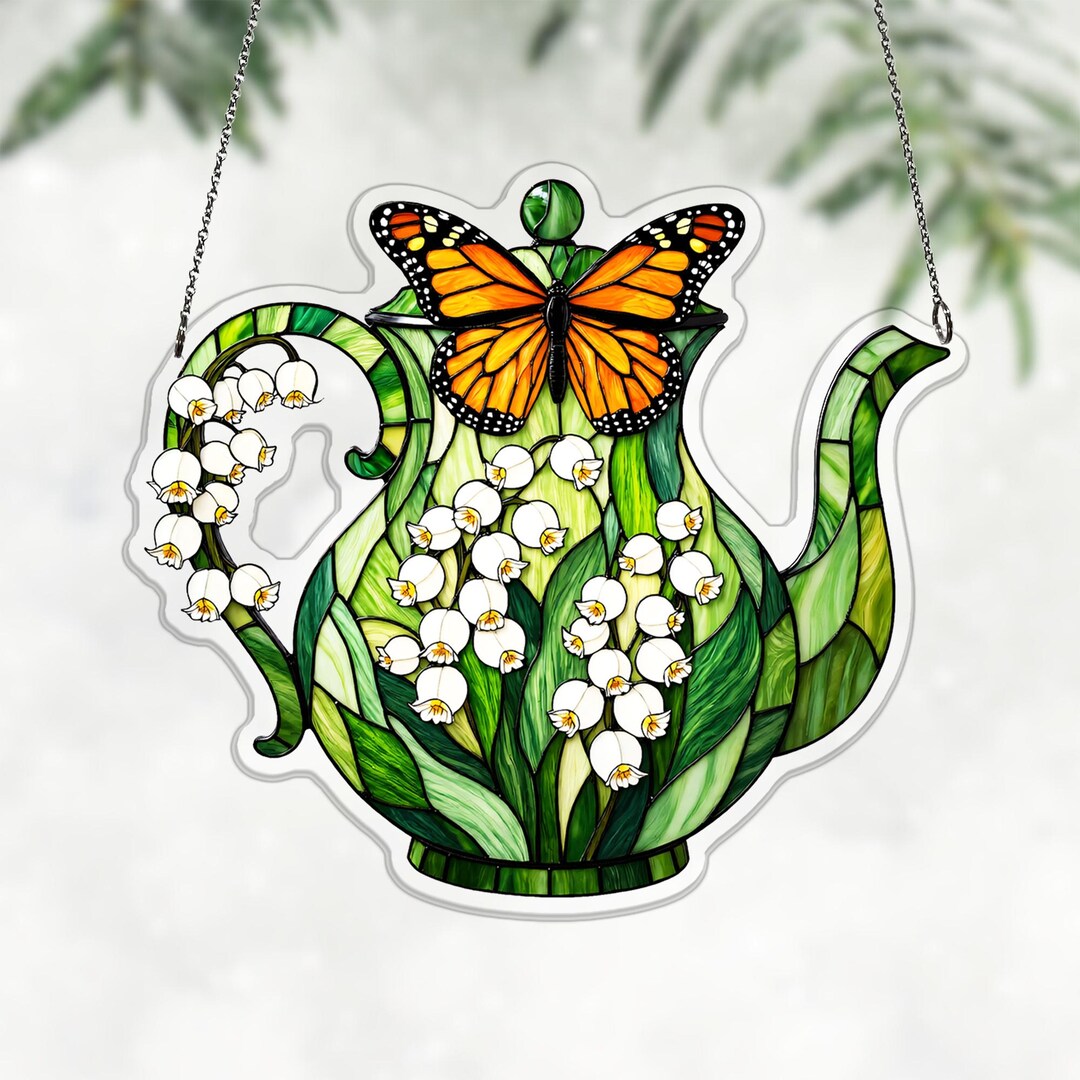 Teapot Lily of the Valley Acrylic Suncatcher, White Floral Butterfly ...