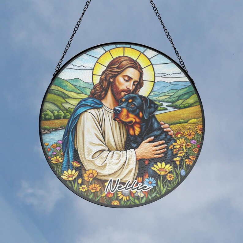 Jesus Christ Hugging A Rottweiler Stained Glass Suncatcher, Religious ...
