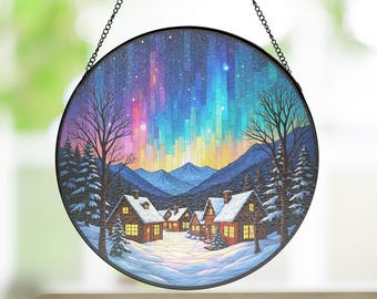Vitral con cielo nocturno de arcoíris, atrapasol navideño con estrellas, decoración navideña colorida, regalo mágico de Navidad, adorno festivo para ventana.