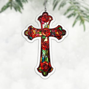 Luxury Ruby Emerald Rose Floral Cross Acrylic Suncatcher, Elegant Catholic Faith Faux Glass Decor, Religious Easter Spring Gift