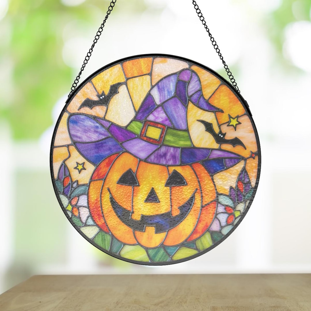 Jack-o'-lantern Whimsical Magic Stained Glass, Fall Window Art for