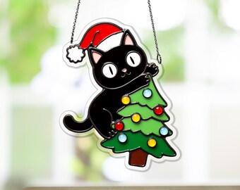 パーソナライズされた黒猫のクリスマスオーナメント：アクリル製