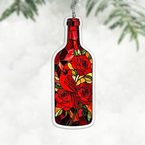Ruby Red Rose Cardinal Acrylic Suncatcher, Wine Bottle Window Hanging for Romantic Decor, rose lover gift, bird window decor