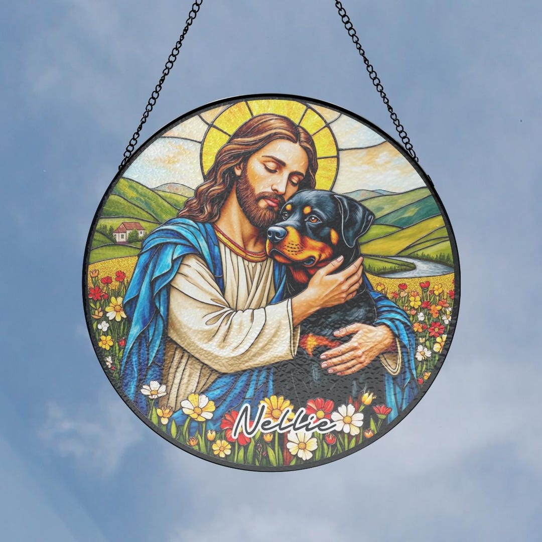 Jesus Christ Hugging A Rottweiler Stained Glass Suncatcher, Religious ...
