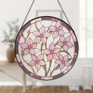 Pink White Jasmine Botanical Painted Glass Suncatcher, Round Window Panel for Sunlit Home, round glass decor, painted glass decor