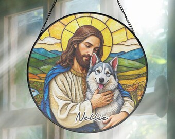 Custom Jesus Christ Hugging Gray Icelandic Sheepdog Dog Stained