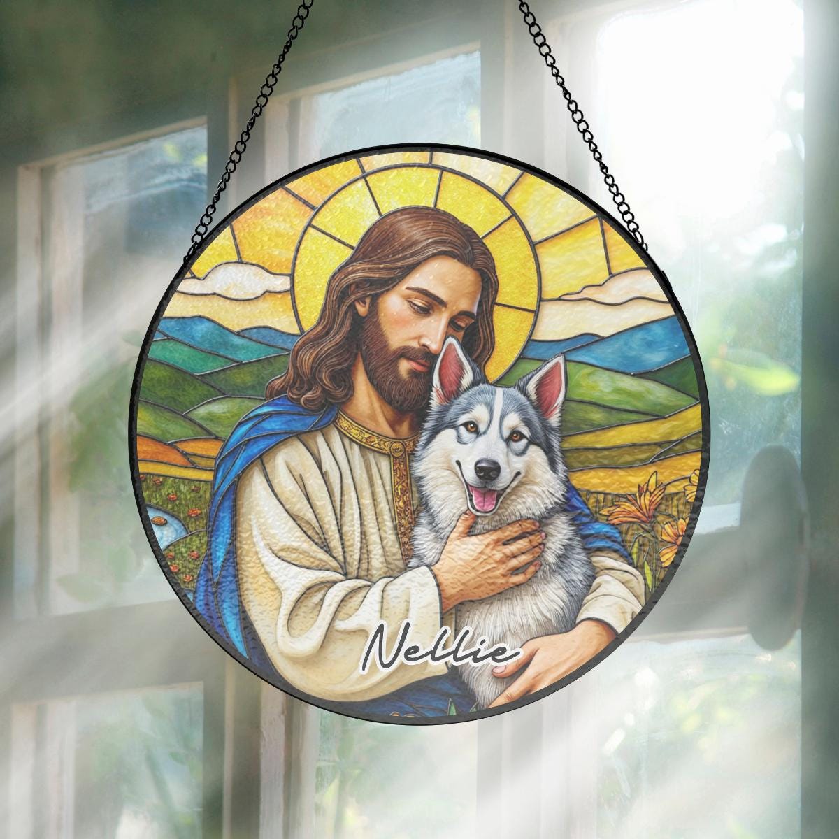 Custom Jesus Christ Hugging Gray Icelandic Sheepdog Dog Stained