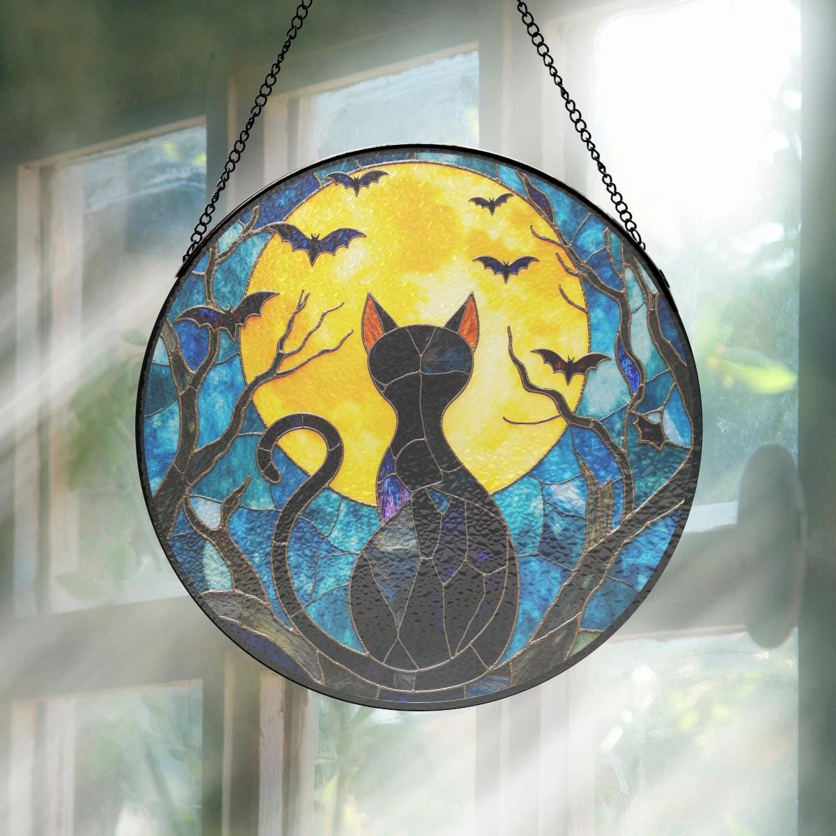Black Cat & Full Moon Stained Glass Suncatcher, Elegant Window Art for ...