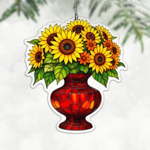Ruby Oil Lamp Acrylic Suncatcher, Sunflower Zinnia Ladybug Window Hanging for Kitchen Decor, acrylic window hanging, botanical sun catcher