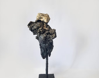 Handmade Female Sculpture, Mixed Media Abstract Art, Wooden Body