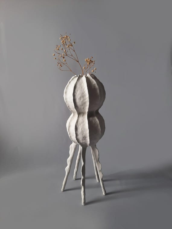 Modern Sculptural Vase – Handmade Abstract Pod Form with Organic Legs, White Clay Flower Holder