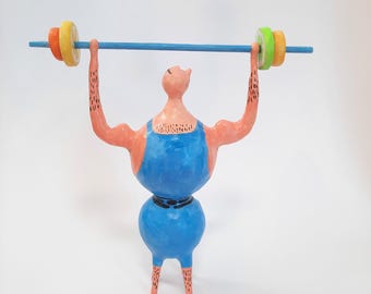 Handmade Strongman Figurine | Colorful Weightlifter Art, Gym Decor