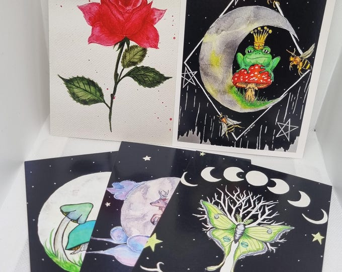 Witchy postcard set with frog, full moon, moon moth, rose,... magical motifs