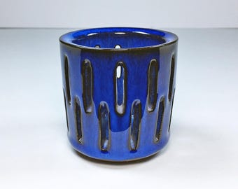 Mid 1960s Cobalt Blue Rupert Deese Louvered / Modeled Glazed Art Pottery Ceramic Vessel - Colorful Attractive Hand Made Claremont California