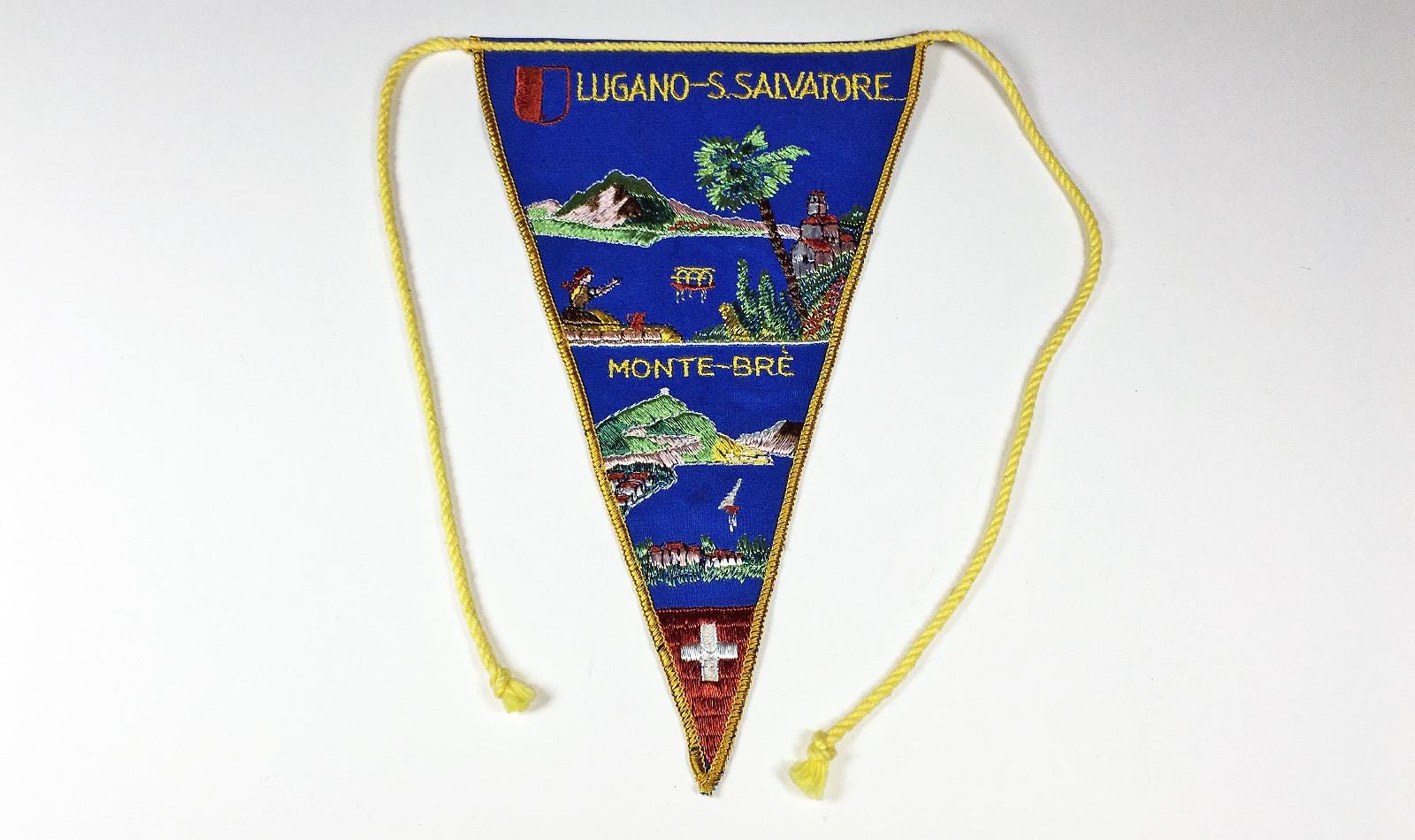 Colorful Authentic Original 1950s era Embroidered Souvenir Swiss Travel Pennant Lugano San Salvatore Monte Brè from Switzerland in Europe
