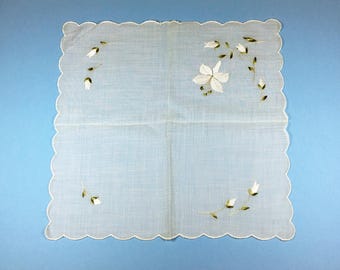 Colorful Authentic Original 1960s Souvenir Swiss Made Embroidered White Lily Silk Handkerchief - Switzerland Unique & Elegant Gift