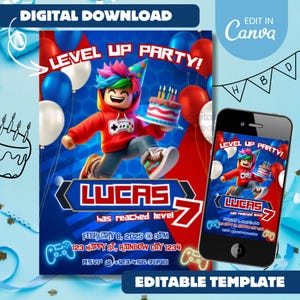 Invitación editable para gamer, tarjeta de cumpleaños para niño, plantilla de invitación para cumpleaños de niño, invitación de cumpleaños infantil, plantilla de invitación imprimible