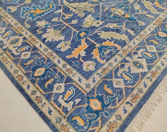 Hand Knotted Blue Wool Rug, Custom Size Area Carpet, Modern Minimalist Bedroom Home Decor