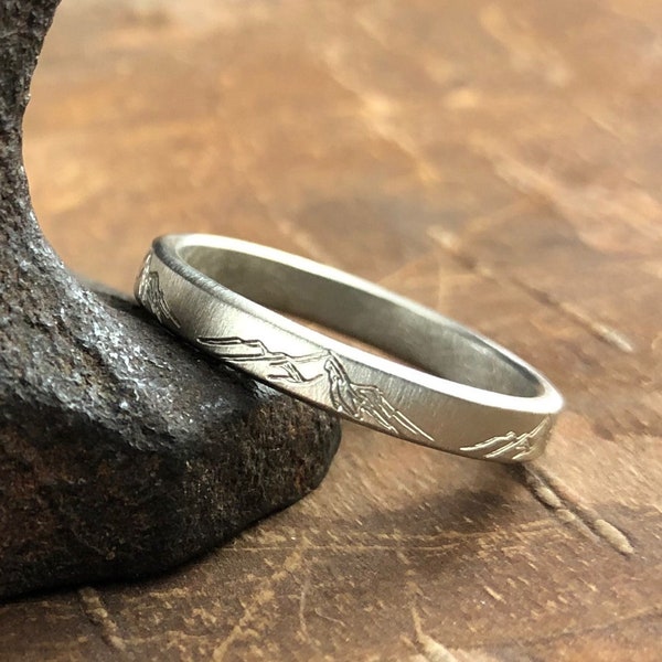 14k WHITE GOLD mountain ring *3 mm wide x 1.5 mm thick* Solid 14k white gold band, engraved mountains