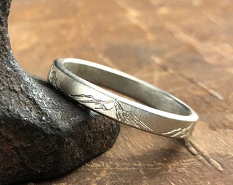 14k WHITE GOLD mountain ring *3 mm wide x 1.5 mm thick* Solid 14k white gold band, engraved mountains