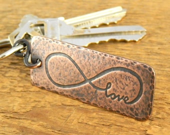 Infinity love keychain, copper anniversary gift, 2 x .75 inches, keychain with infinity symbol, 7th anniversary gift.