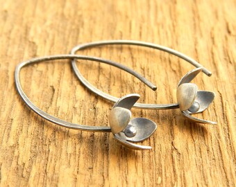 Flower earrings, sterling silver lilac earrings, hand-cut blossoms, shiny or oxidized finish.