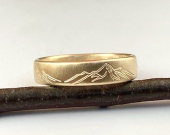 14k YELLOW GOLD mountain ring *5 mm wide x 1.5 mm thick* Solid 14k yellow gold band, engraved mountains.