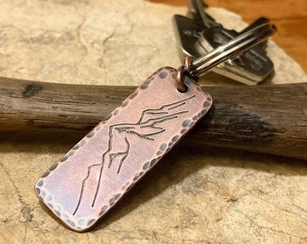 Mountain keychain, engraved key chain, gifts for him, thick copper keychain with engraved mountains, key fob gift for nature lover hiker