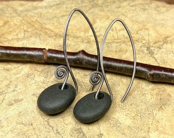 Beach stone dangles, lightweight black stone earrings, handmade sterling silver earwires, 1.5 inches long. (#69)