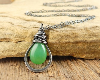 Tiny Chrysoprase necklace, dainty green chrysophrase pendant, sterling silver teardrop pendant, simple necklace, ready to ship.