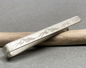 Mountains tie clip, sterling silver tie bar *shiny rustic finish* mountain range, gifts for him, 2 inches x 5 mm, 1 mm thick.