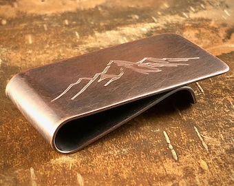 Mountain money clip, engraved money clip, mountain range landscape, Rocky mountains, personalized gifts for him.
