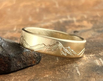 Mountain ring, solid GOLD *6 mm wide x 1.5 mm thick*  14k yellow gold band, engraved mountains. *SIZE Guarantee*