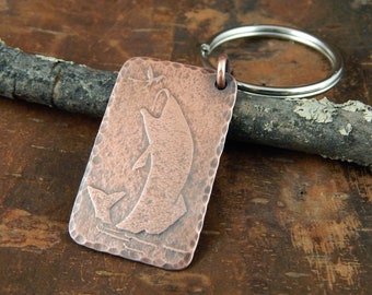 Fly fishing keychain, engraved key chain, gifts for him, copper keychain embossed with jumping trout design, personalized key fob gift.