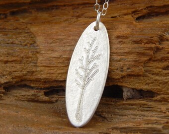 Tree hugger necklace *Ready to Ship* Tiny tree charm necklace *SHINY textured finish* sterling silver engraved tree, 1 inch long small oval.