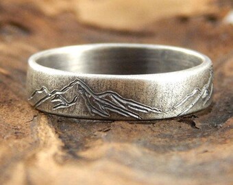 Mountains ring, simple wedding band, choose 4, 5, 6, 7, or 8 mm wide - solid sterling silver, engraved mountains. *SIZE Guarantee*