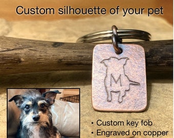 Dog lover gift, custom keychain pet silhouette, handmade copper key chain, your dog engraved, key fob gift for dog mom