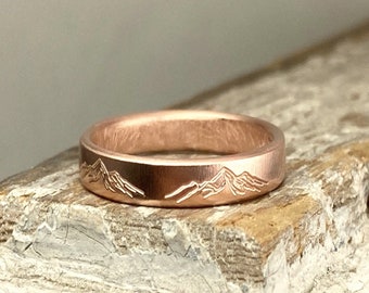 Mountain ring, 14k ROSE GOLD *5 mm wide x 1.5 mm thick* Solid 14k rose gold band, engraved mountains.