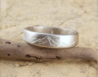 14k WHITE GOLD mountain ring *5 mm wide x 1.5 mm thick* Solid 14k white gold band, engraved mountains.