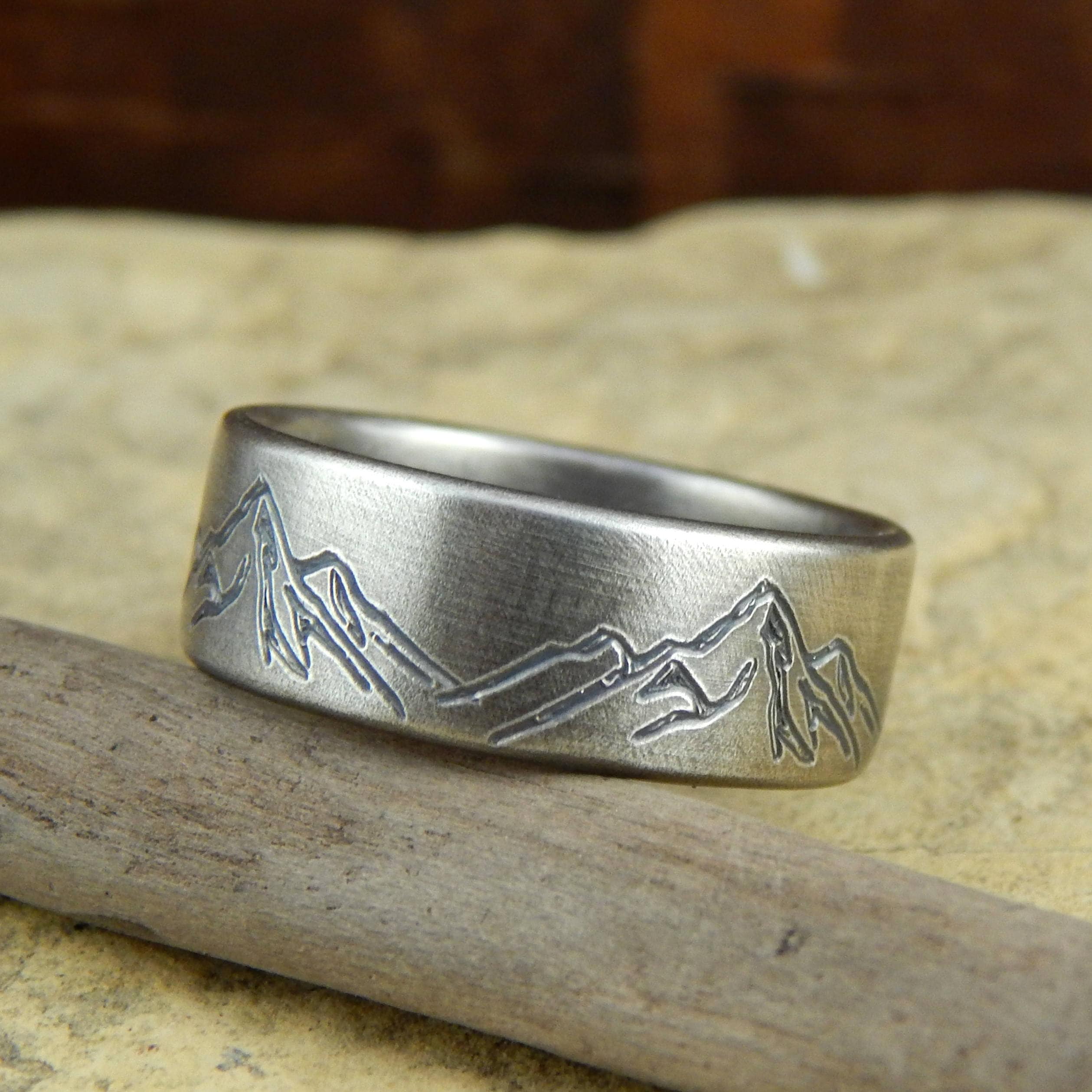 Mountain Ring Wedding Band * 8 Mm Wide * Engraved Sterling Silver Mountain Ring Wedding Band * 8 Mm Wide * Engraved Sterling Silver