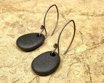 Black beach stone earrings, lightweight stone earrings, handmade sterling silver earwires, 1 5/8 inch long. (#68)