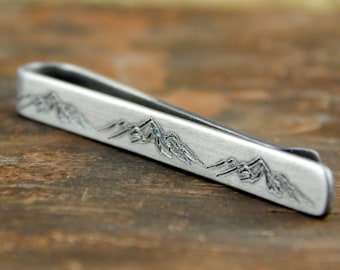 Mountains tie clip, engraved sterling silver tie bar, mountain range, groomsmen gift, 2 inches x 5 mm, 1 mm thick.