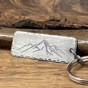 Mountain keychain, sterling silver engraved key chain, gift for nature lover hiker, thick solid sterling key fob with engraved mountains