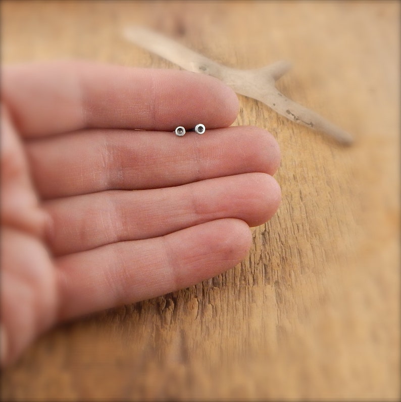 May include: A pair of small, silver stud earrings with a dark center, resting on a person's palm. The earrings are round and simple in design. The background is a wooden surface with a blurred, natural aesthetic.