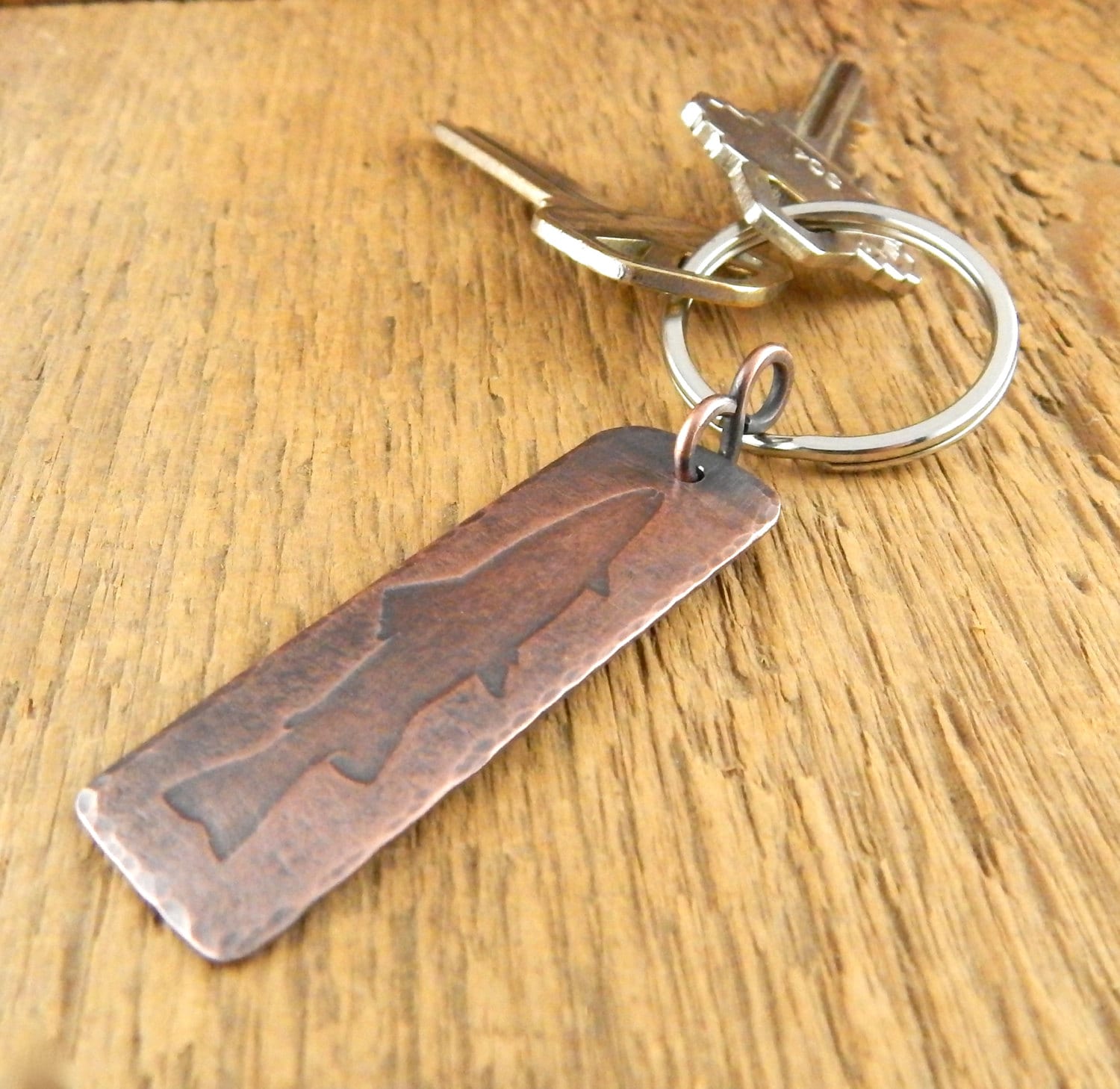 Trout keychain, engraved key chain, gifts for him, copper keychain embossed with fish silhouette, key fob gift for fly fishing angler.