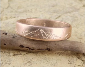 Mountain ring, 14k ROSE GOLD *5 mm wide x 1.5 mm thick* Solid 14k rose gold band, engraved mountains.