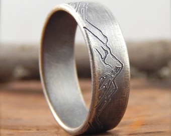 Mountain ring wedding band  * 7 mm wide * engraved sterling silver, simple wedding band, 1.5 mm thick. *SIZE Guarantee*