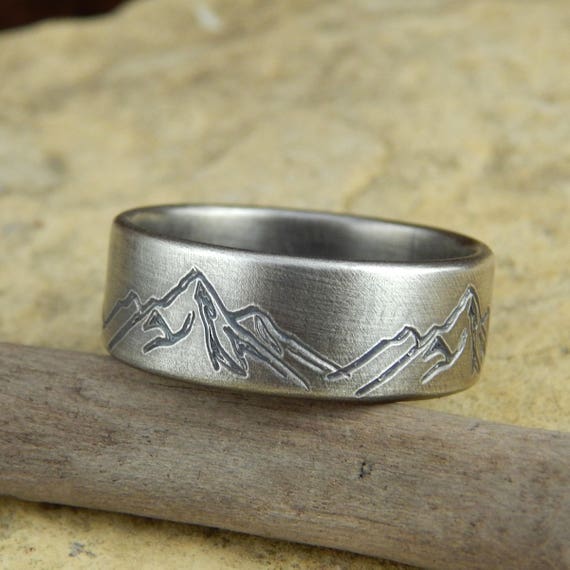 Mountain ring wedding band 8 mm wide engraved sterling silver simple wedding band 1.5 mm thick. SIZE Guarantee Etsy