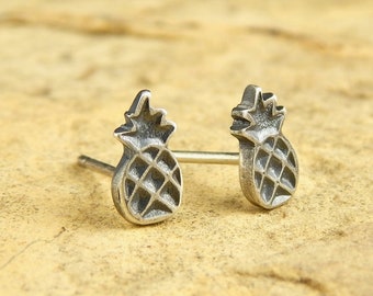 Pineapple earrings, hand-cut engraved sterling silver post earrings, thick stud earrings.